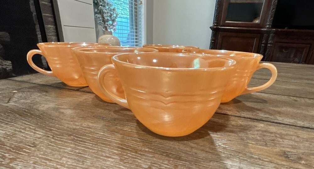 Set of 5 Vintage Anchor Hocking Fire King Peach Lustre Three-Band Teacups